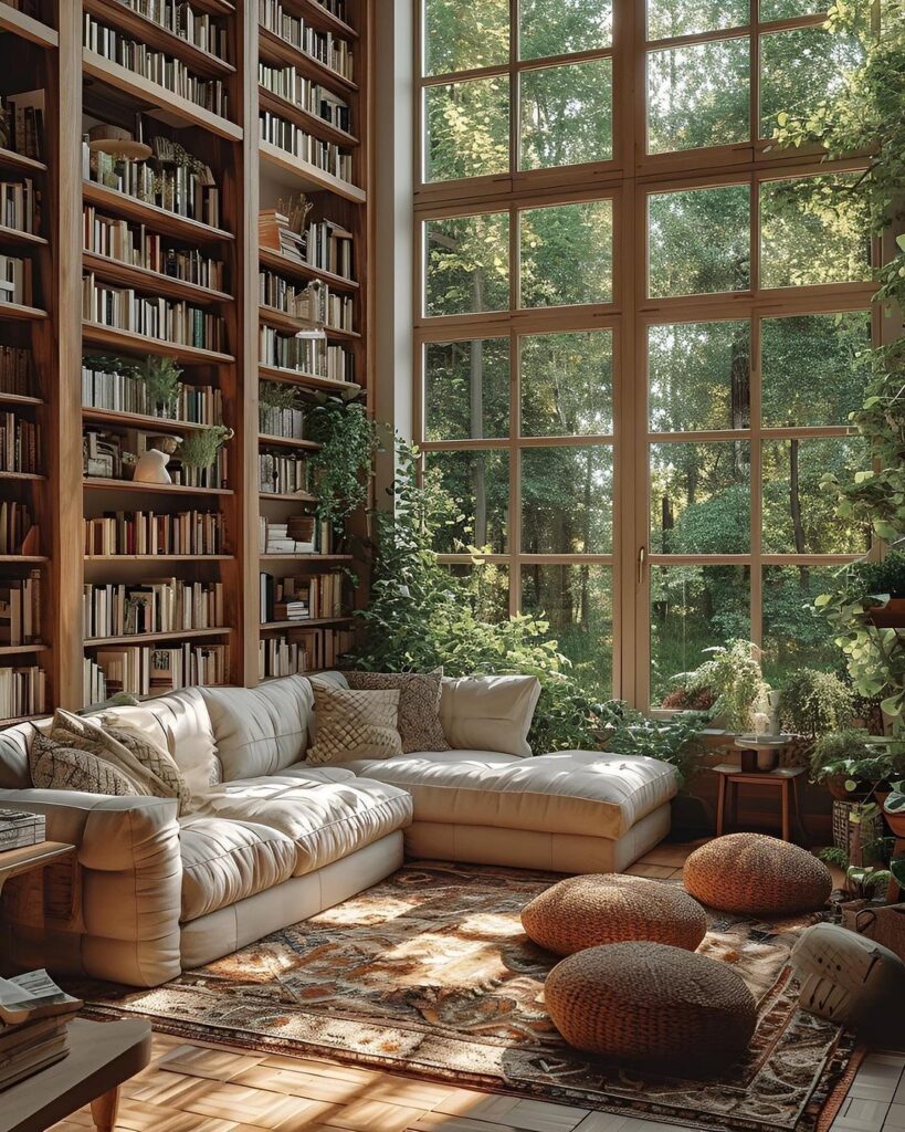 Sunlit library room with huge windows wall-to-wall bookshelves and comfortable seating