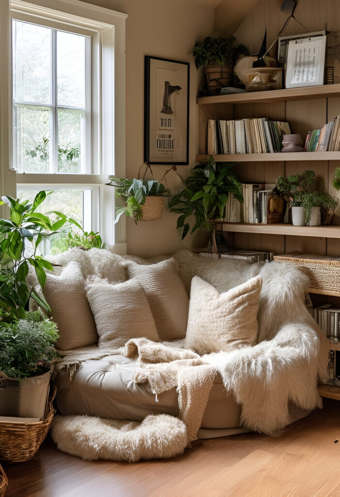 Cozy reading nook with plants bookshelves and fluffy chair