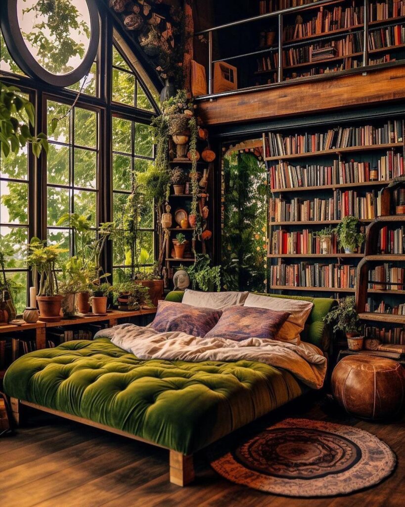 Cozy bedroom with floor-to-ceiling bookshelves and abundant plants.