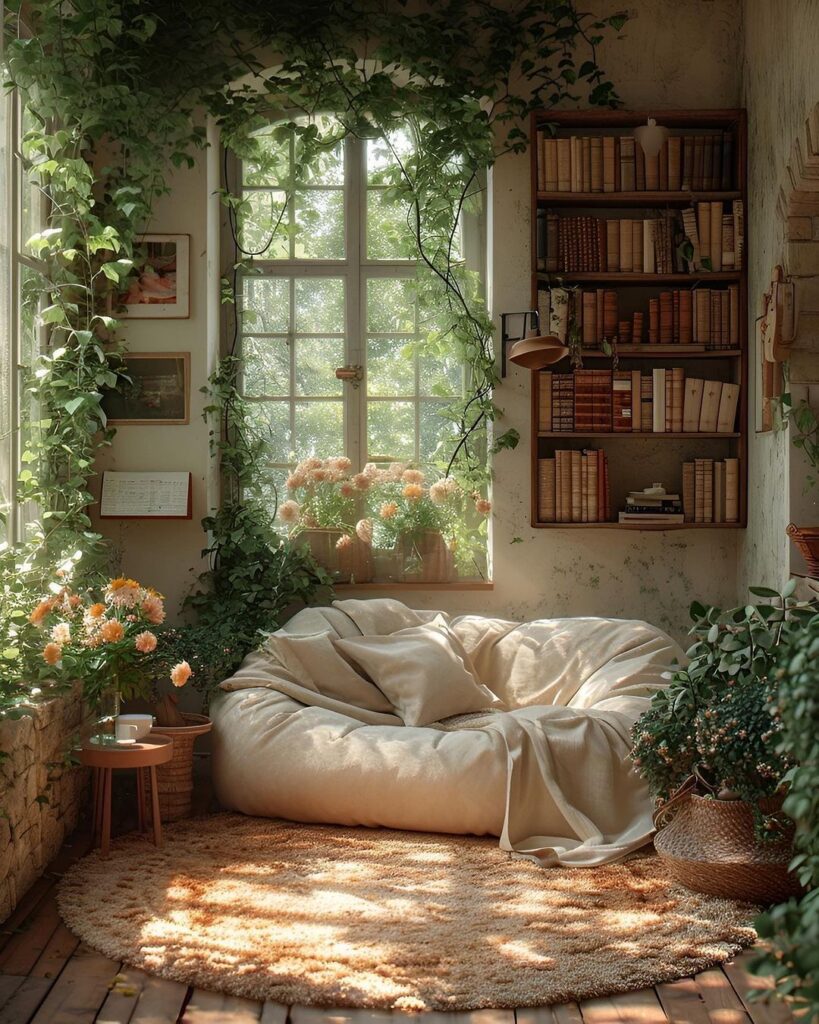 Sunlit reading nook with plants and books.