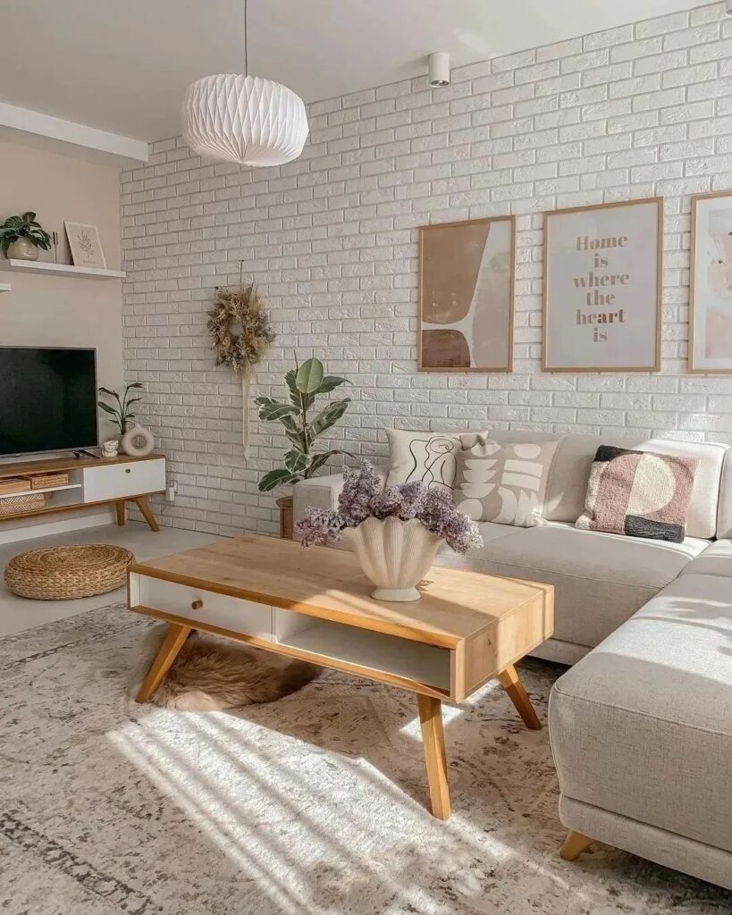 Cozy living room with white brick wall modern furniture and soft decor