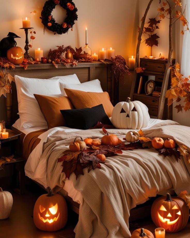 Cozy bedroom decorated for Halloween with pumpkins and candles