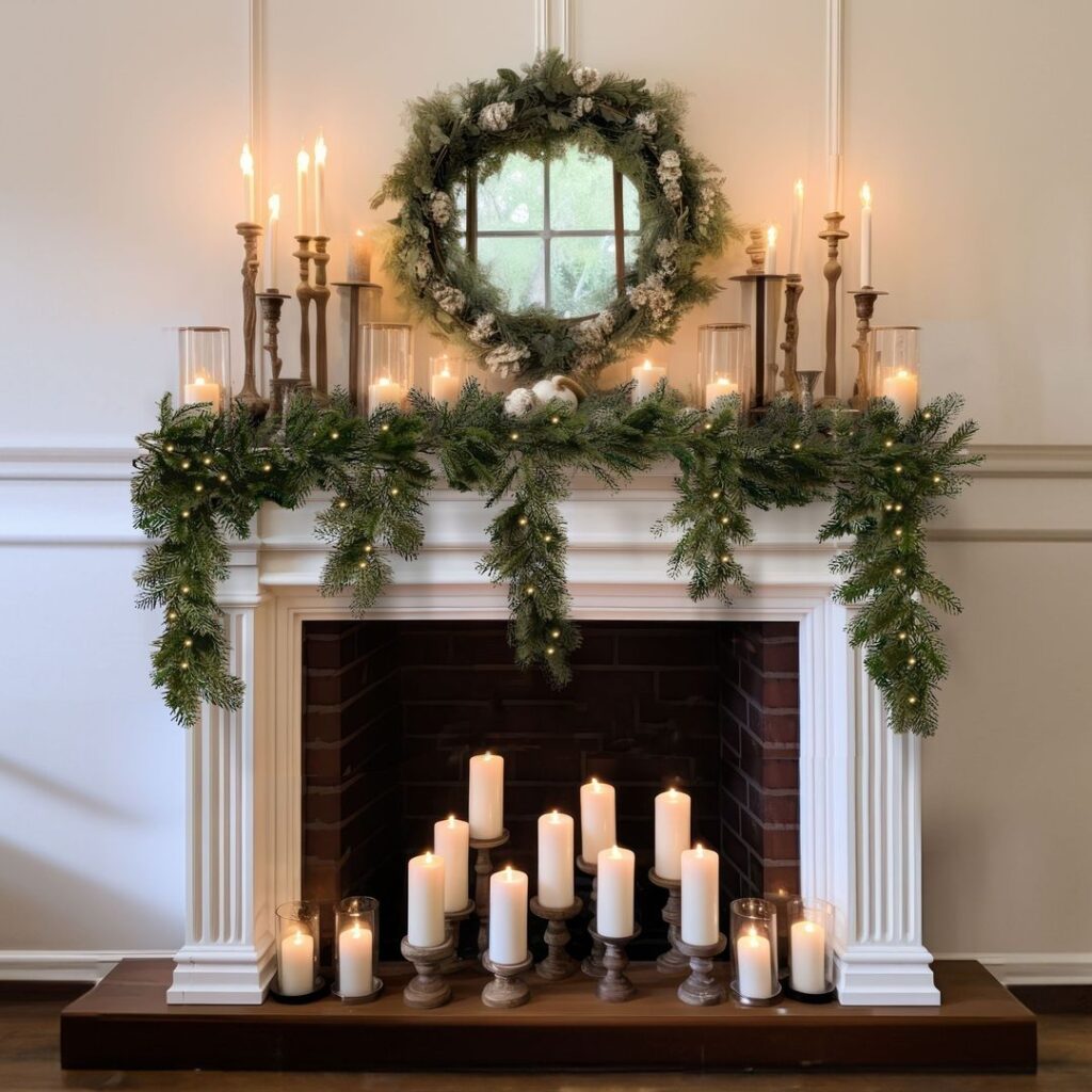 "Elegant white fireplace with candle display and evergreen garland"