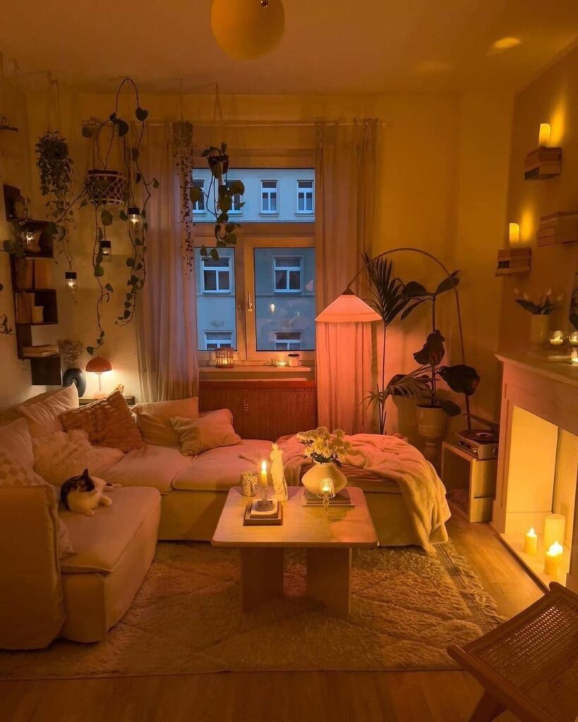 Cozy living room with hanging plants soft lighting and cat.