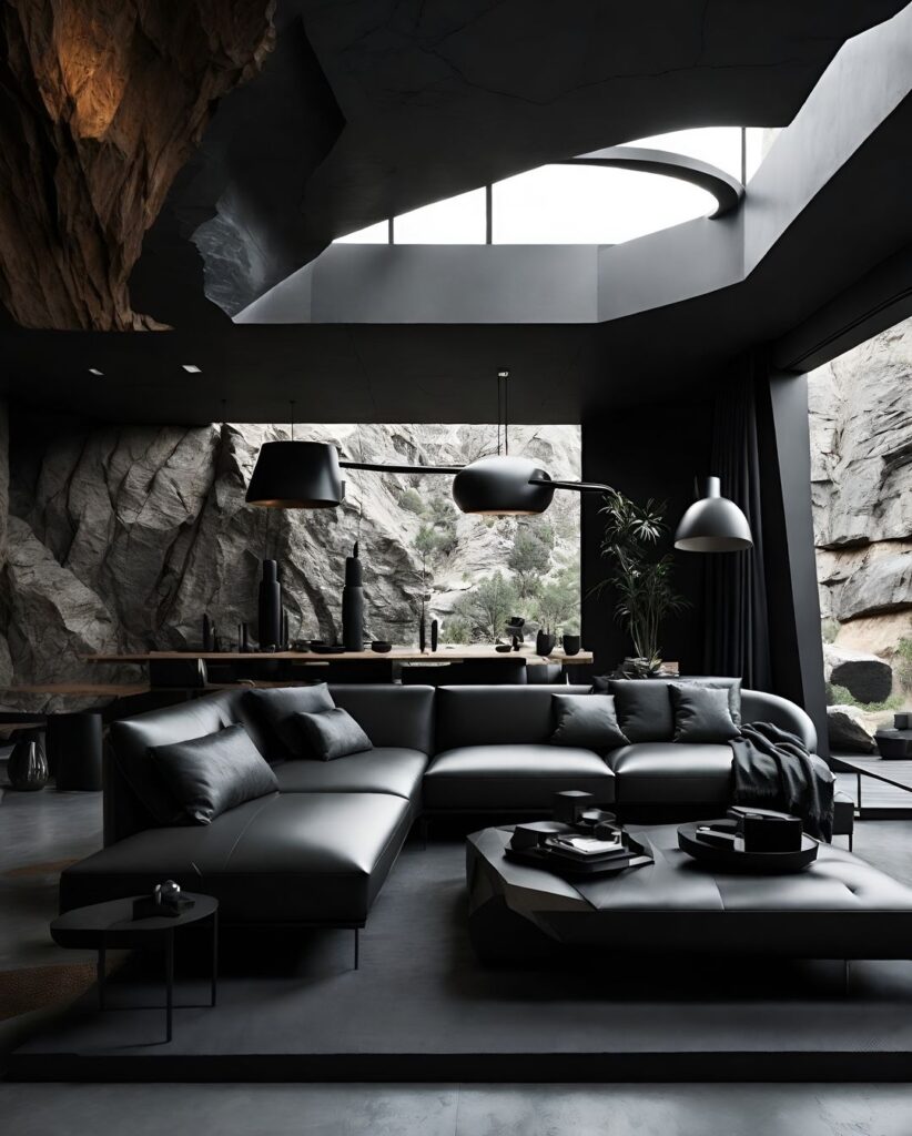 Dark living room inside rocky cave with skylight