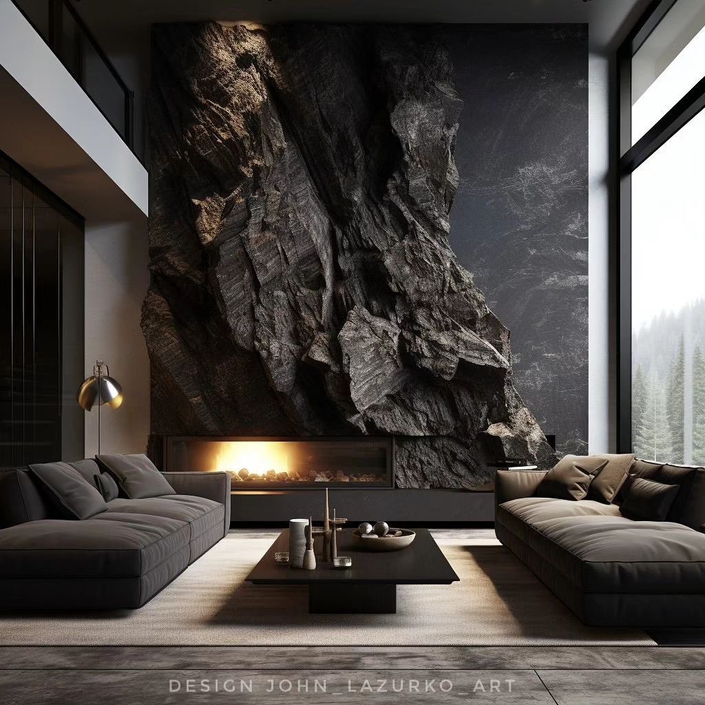 Living room with enormous rock wall mural and modern furnishings.