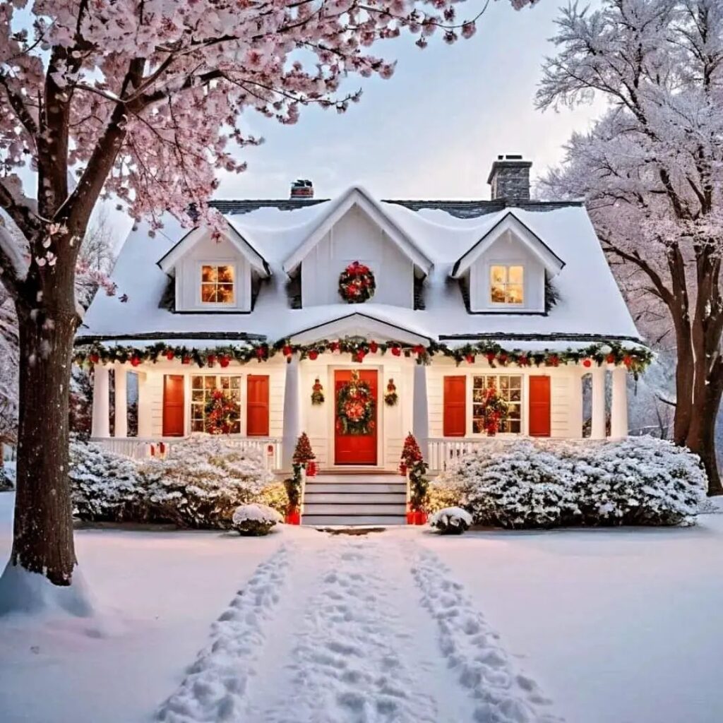 Snow-covered white house with red accents beneath blooming cherry blossoms.