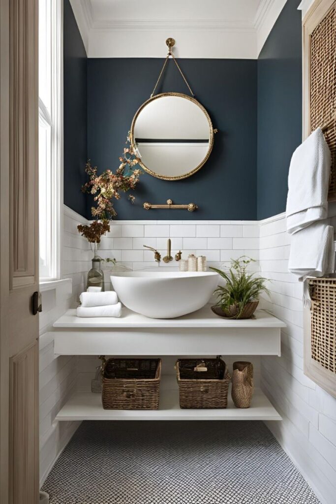 Elegant powder room with navy walls, white tiles, and gold accents.