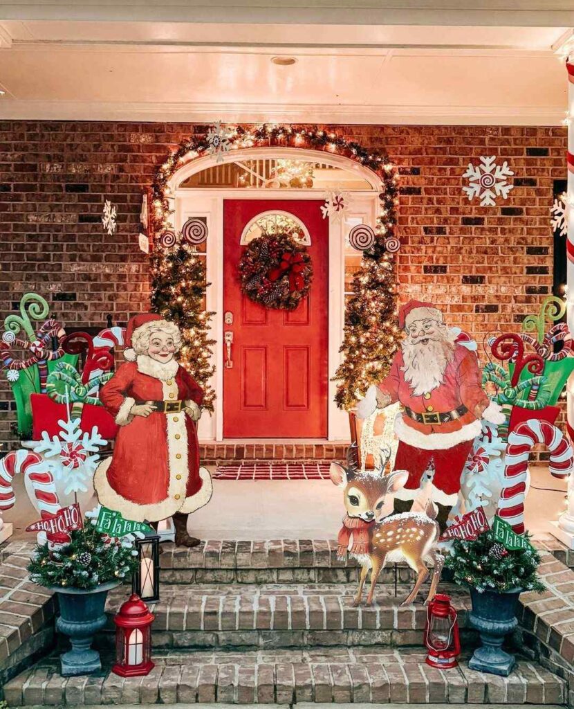 "Vintage Christmas porch with Claus cutouts and illuminated garland"