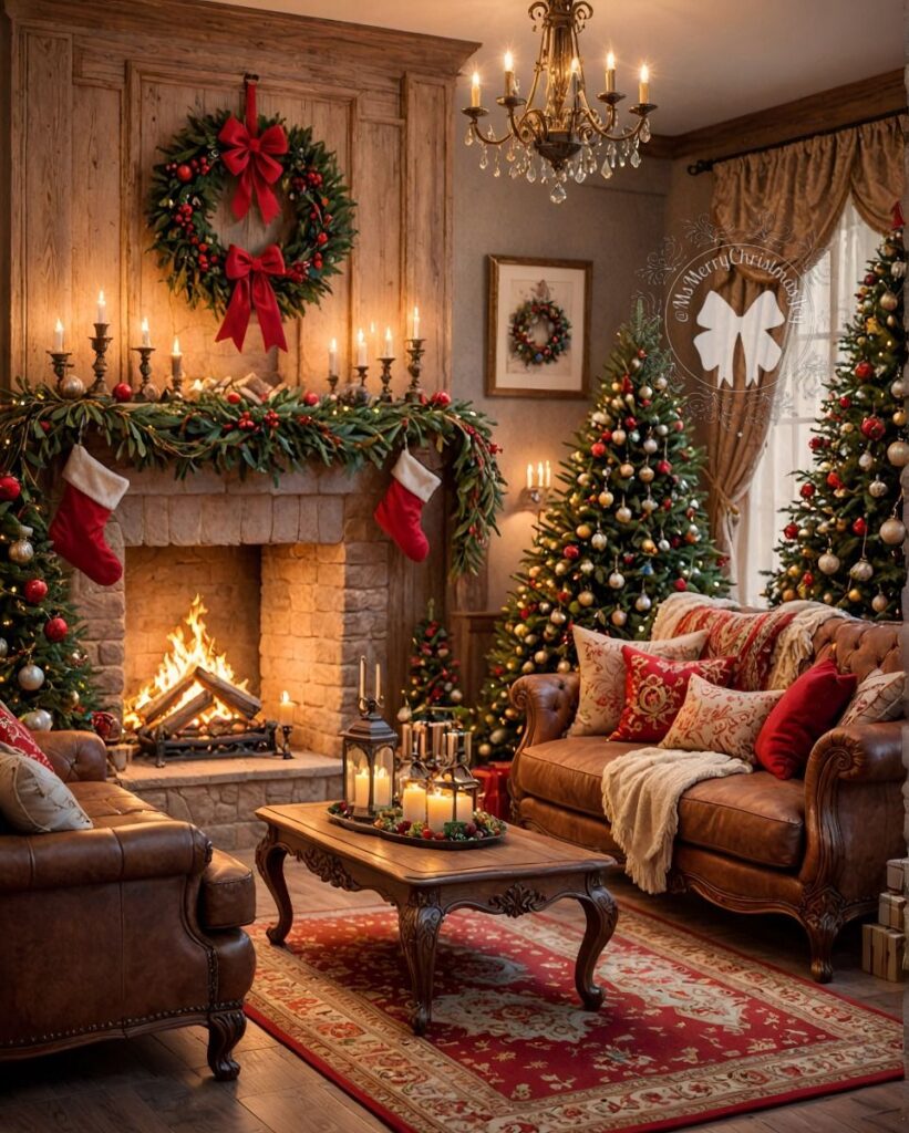 "Cozy Christmas living room with decorated fireplace and trees"