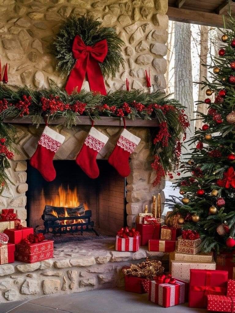 Stone fireplace with red stockings wreath and wrapped gifts