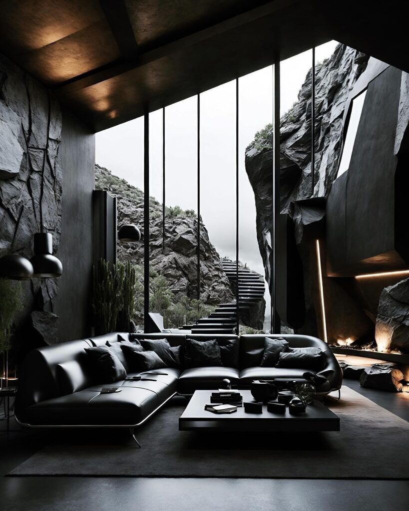 Dark living room with panoramic views of rocky cliffs