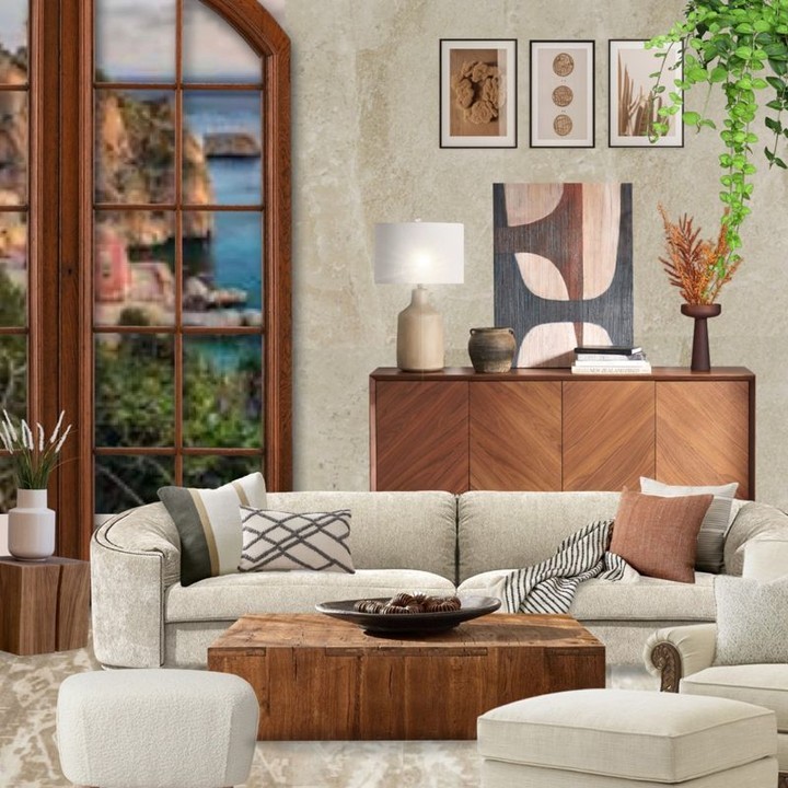 Bohemian living room with coastal view, neutral furniture, and natural decor elements