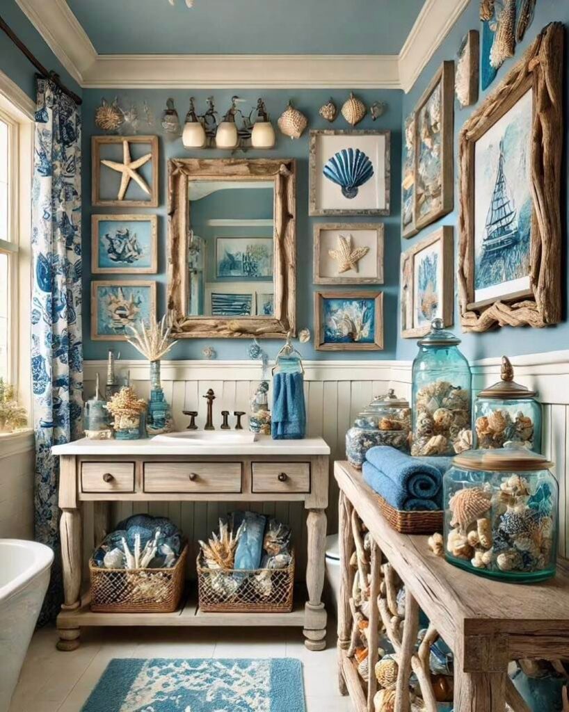 Teal bathroom with beach decor and wooden accents.