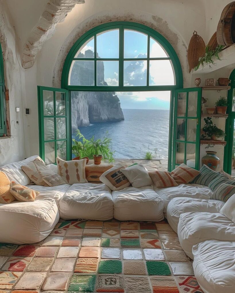 Cozy room with cushions overlooking sea through arched window