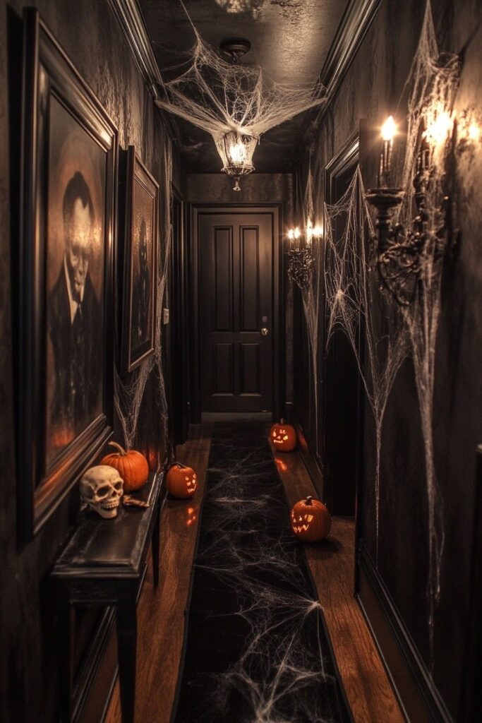 Haunted hallway with cobwebs and pumpkins