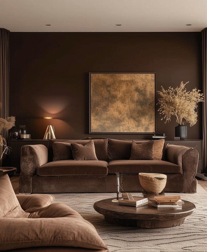 Brown living room with velvet sofa and moody lighting