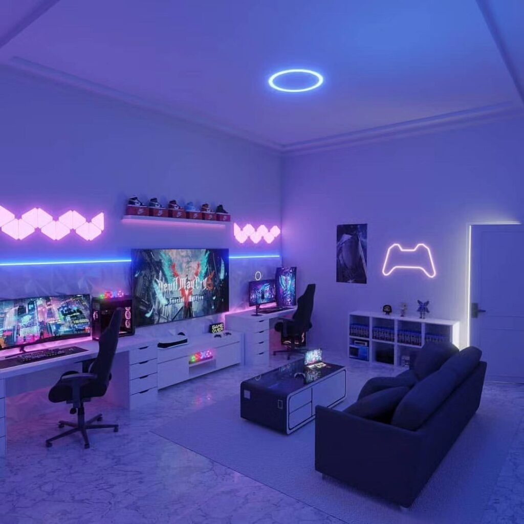 Purple gaming room with neon lights and multiple screens