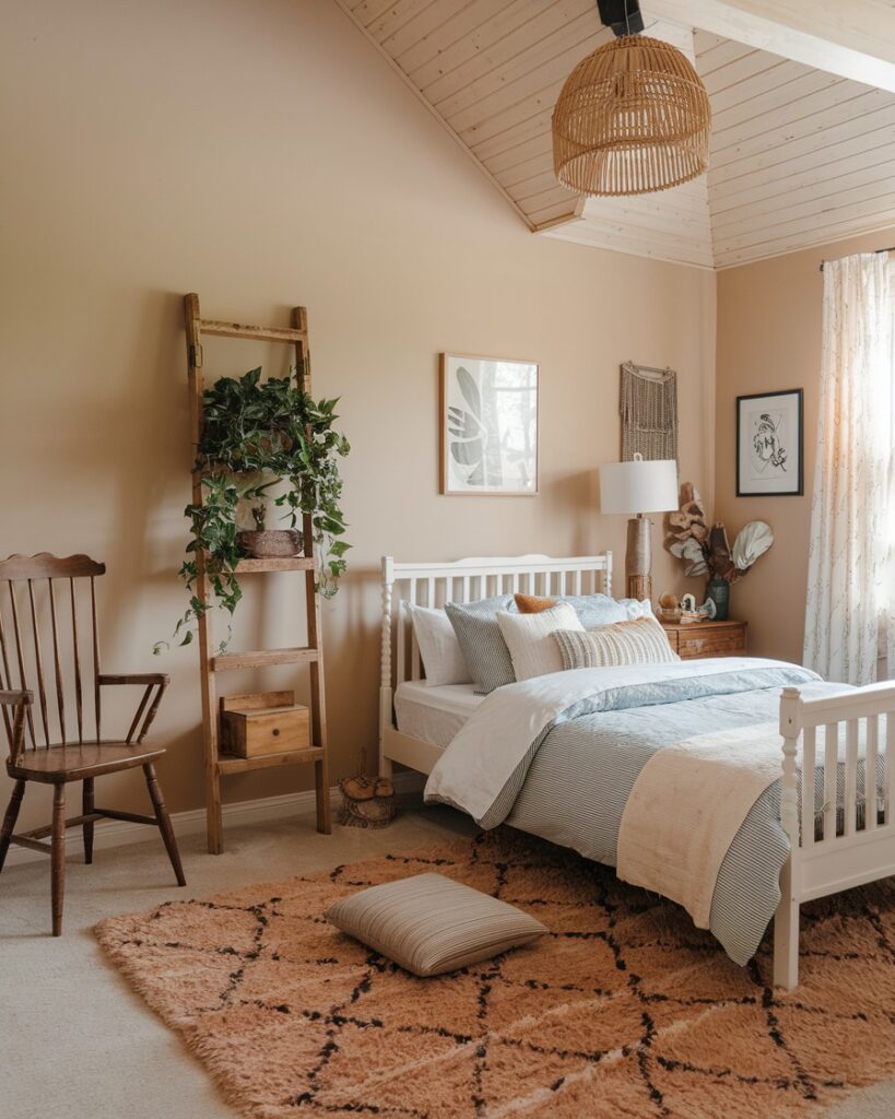 Victorian inspired bedroom with white spindle bed and wooden ladder decor