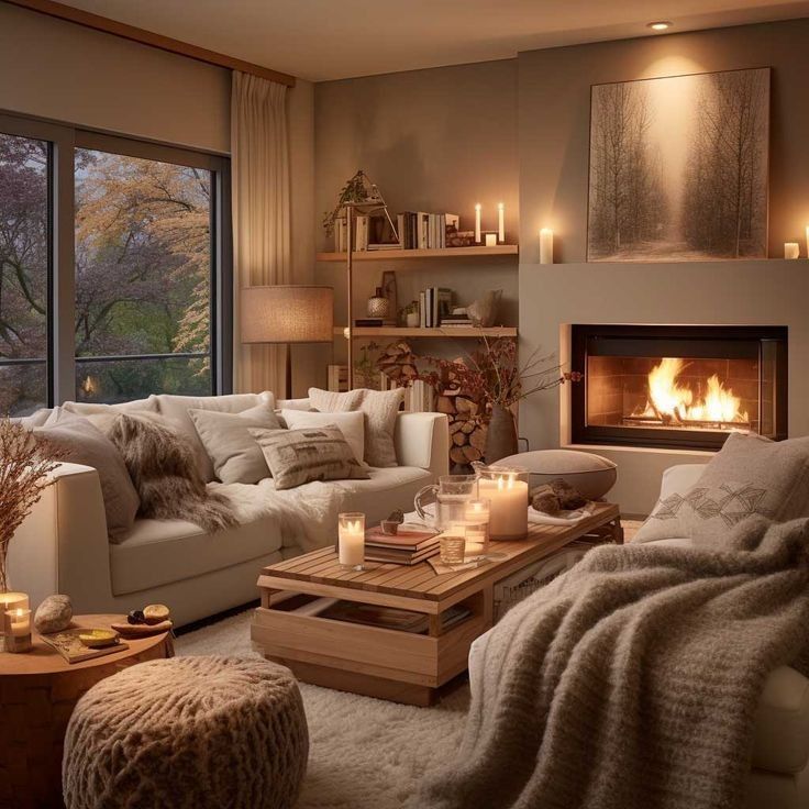 Cozy living room with fireplace, candles, and autumn view.