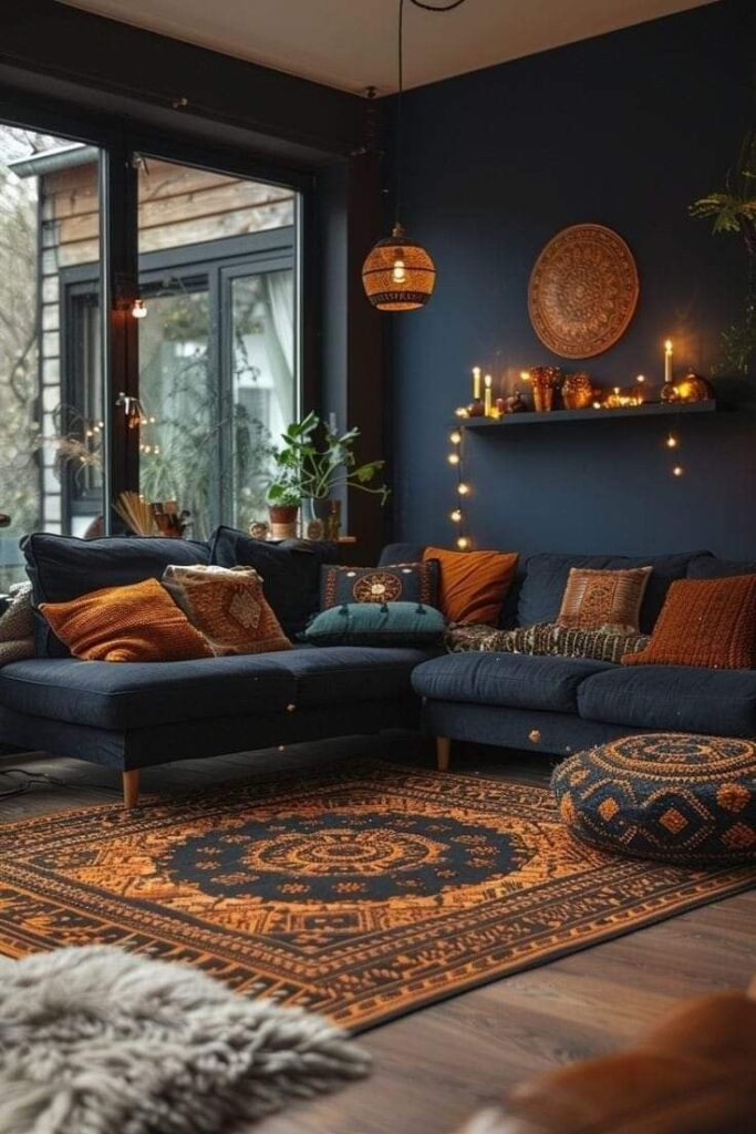 Moody bohemian living room with navy walls, copper accents, and ambient lighting.