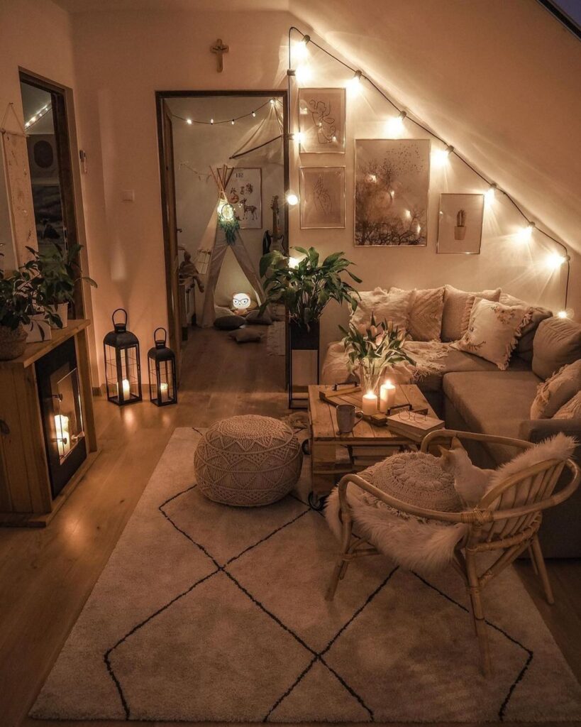 Dimly lit room with string lights cozy furniture and teepee