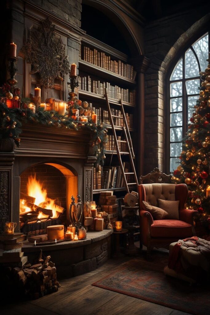 Candlelit library with Christmas tree fireplace and vintage leather chair