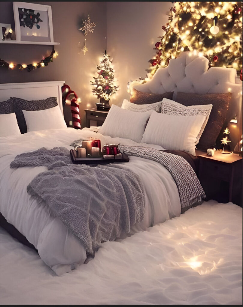 Bedroom with Christmas lights and festive decorations