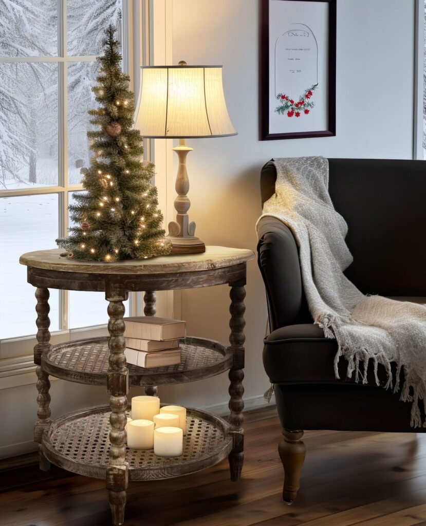 Festive living room corner with Christmas tree.