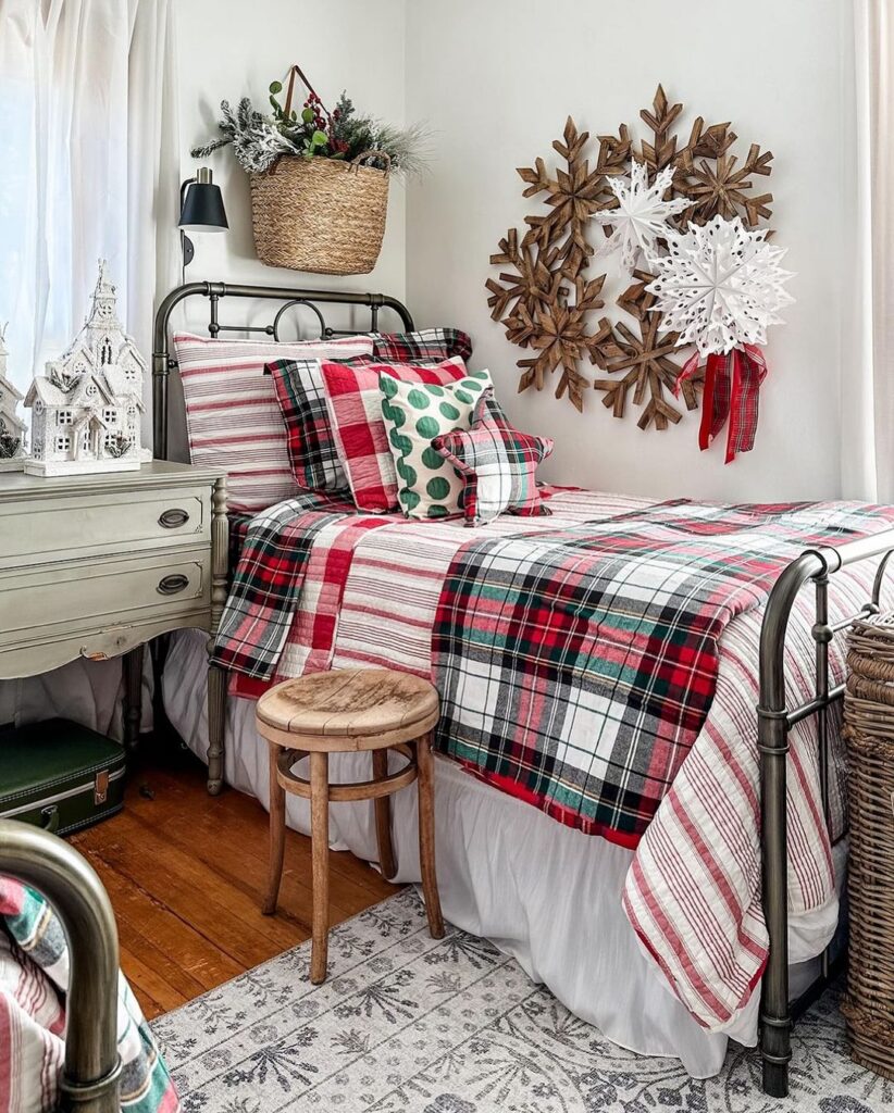 Festive cottage bedroom with plaid Christmas decor.