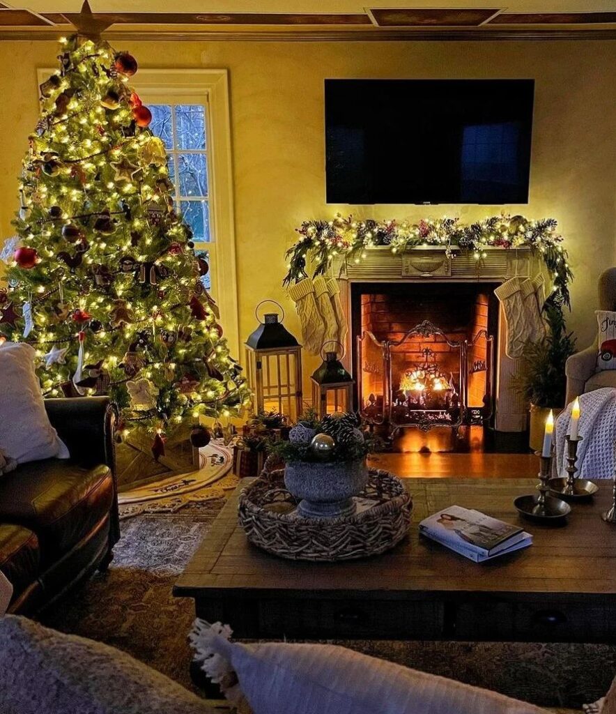 Glowing Christmas tree and fireplace creating cozy evening ambiance