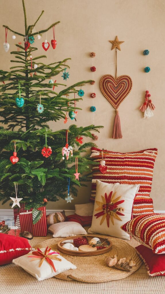 Christmas tree with handmade decorations and cozy textiles