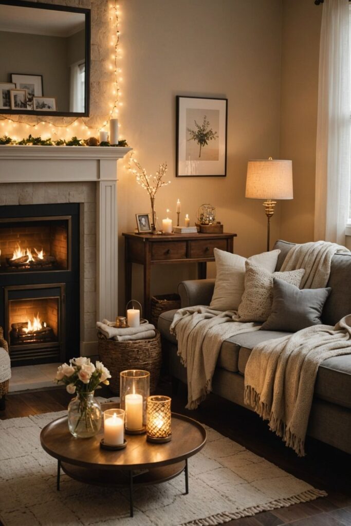 Cozy living room with lit fireplace, string lights, and candles creating warm ambiance.