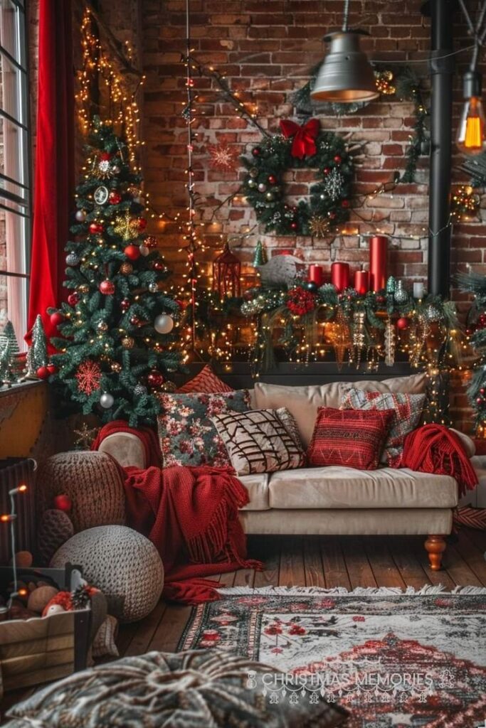 Cozy Christmas room with brick walls tree and red decor