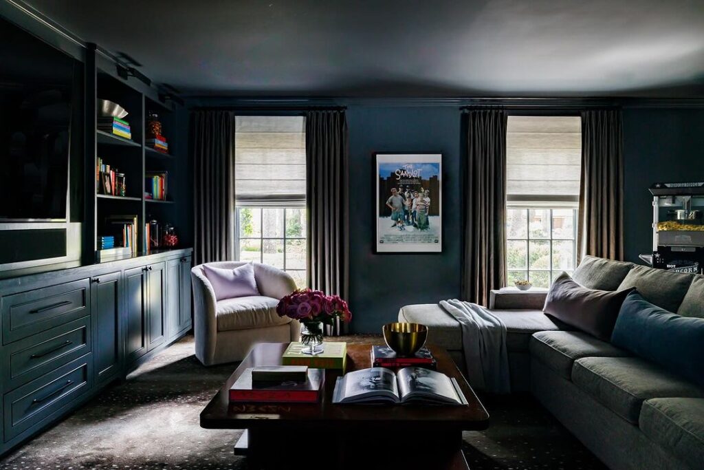 Dark blue living room with cozy furniture and built-in shelving.