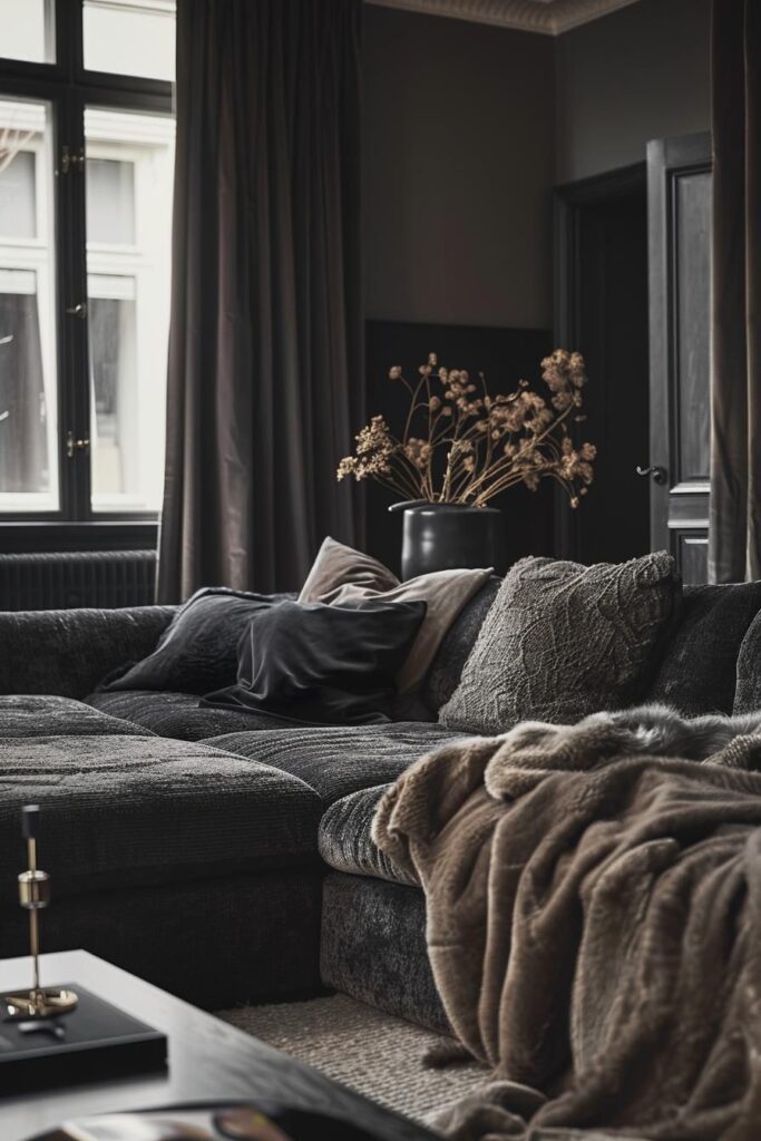 Dark cozy living room with textured sofa and dried flowers