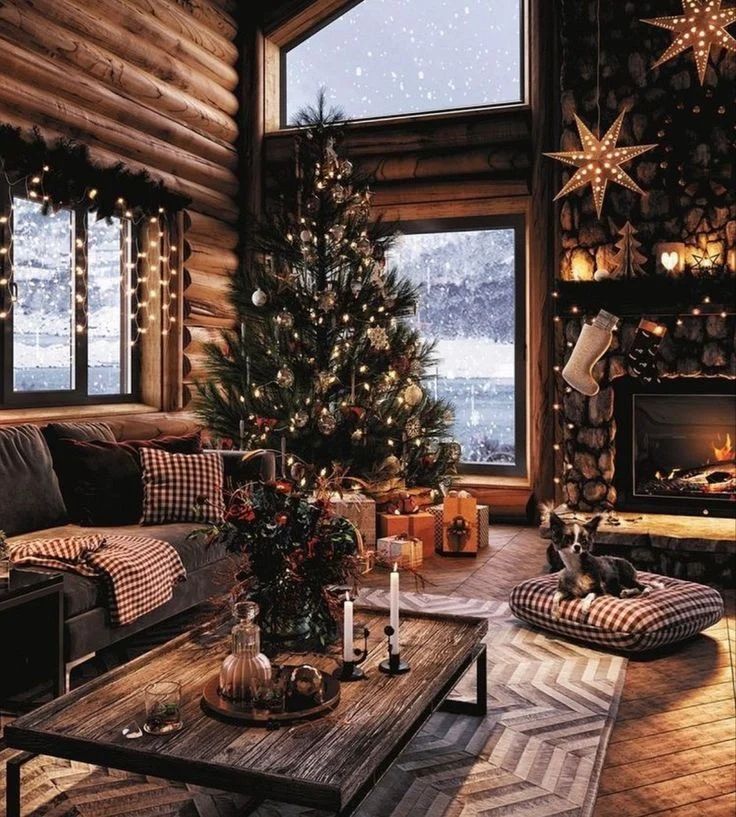 "Rustic cabin Christmas scene with snowy windows fireplace"