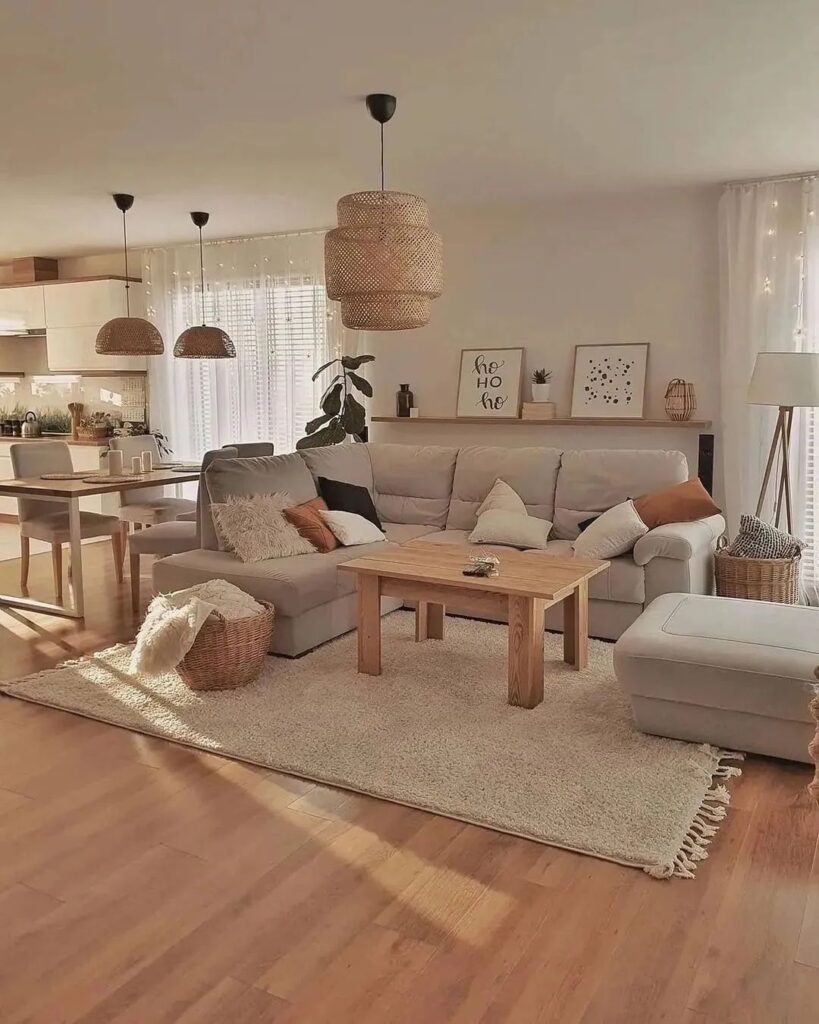 Open plan living room with neutral colors and woven light fixtures