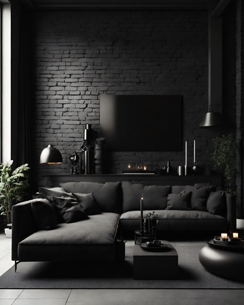 Moody black living room with candlelight and plants