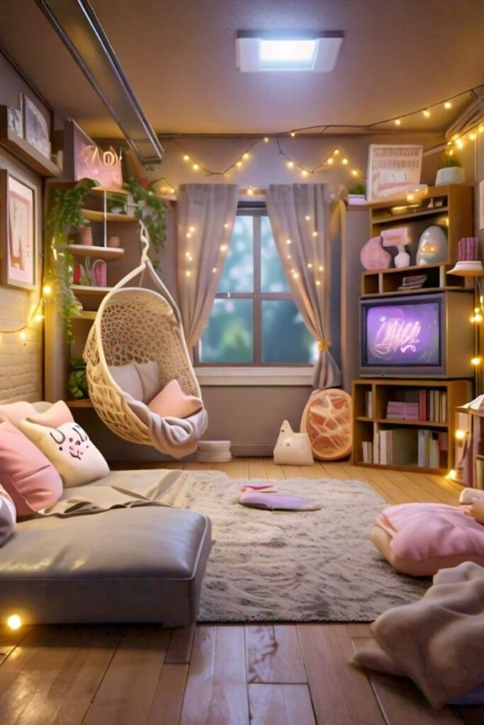 Warm bedroom with hanging chair string lights and bookshelves