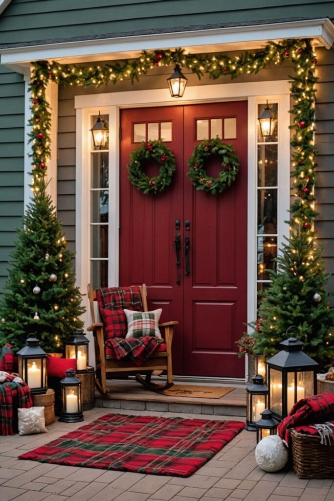 Plaid decorated porch with burgundy doors and glowing lanterns