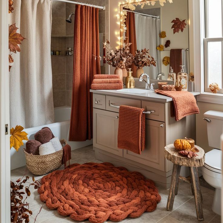 Autumn-themed bathroom with orange decor and fall leaves