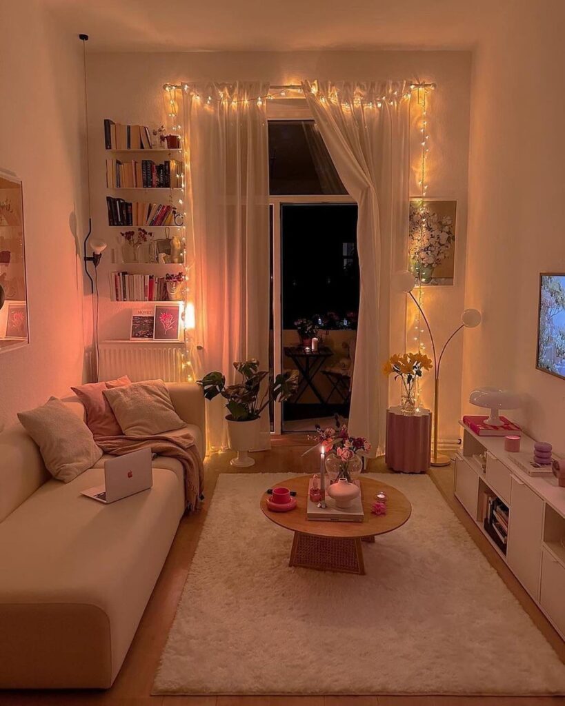 Warm living room with fairy lights and cozy sofa.