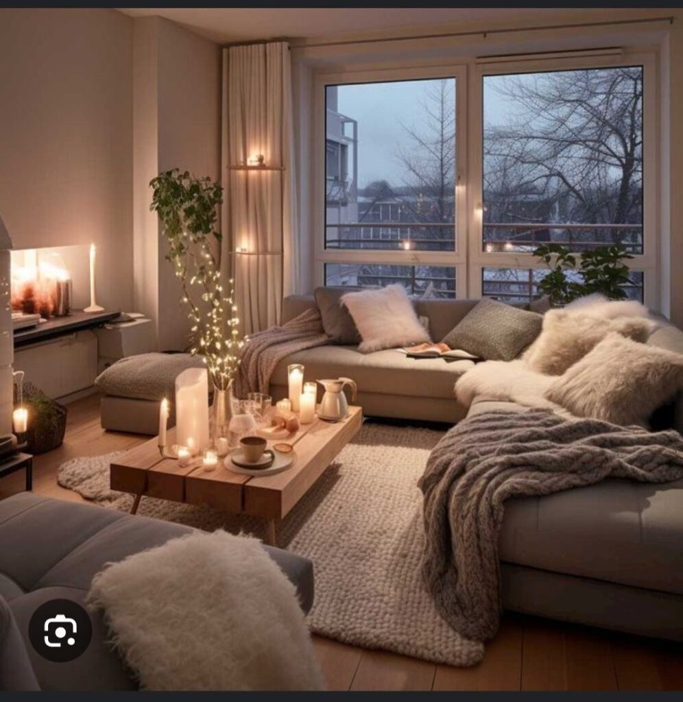 Candlelit living room with cozy sectional and twilight view