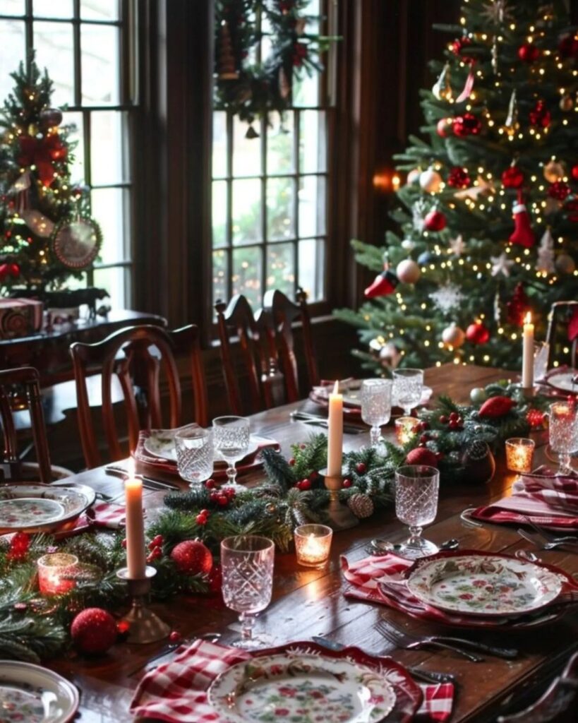 Vintage dining room with candlelit Christmas table and traditional plaid settings