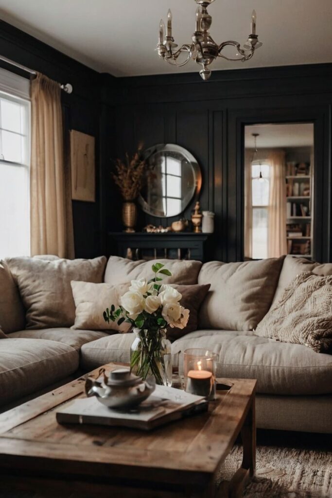 Moody living room with dark walls, beige sofa, and rustic accents.