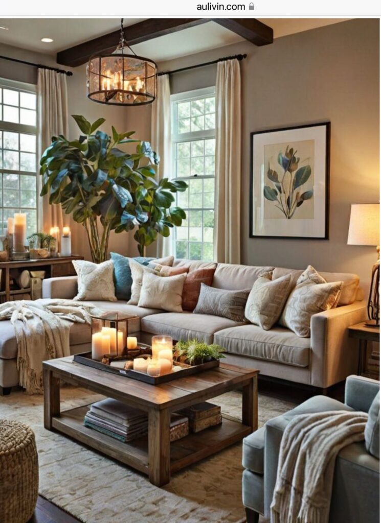 Cozy living room with natural elements candles and indoor plant