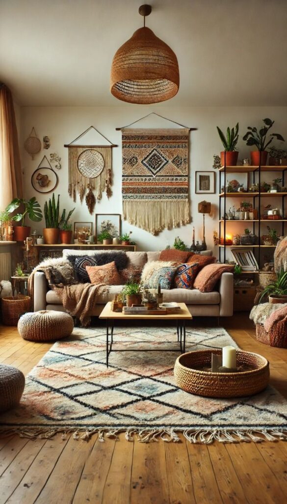 Cozy boho living room with plants textures