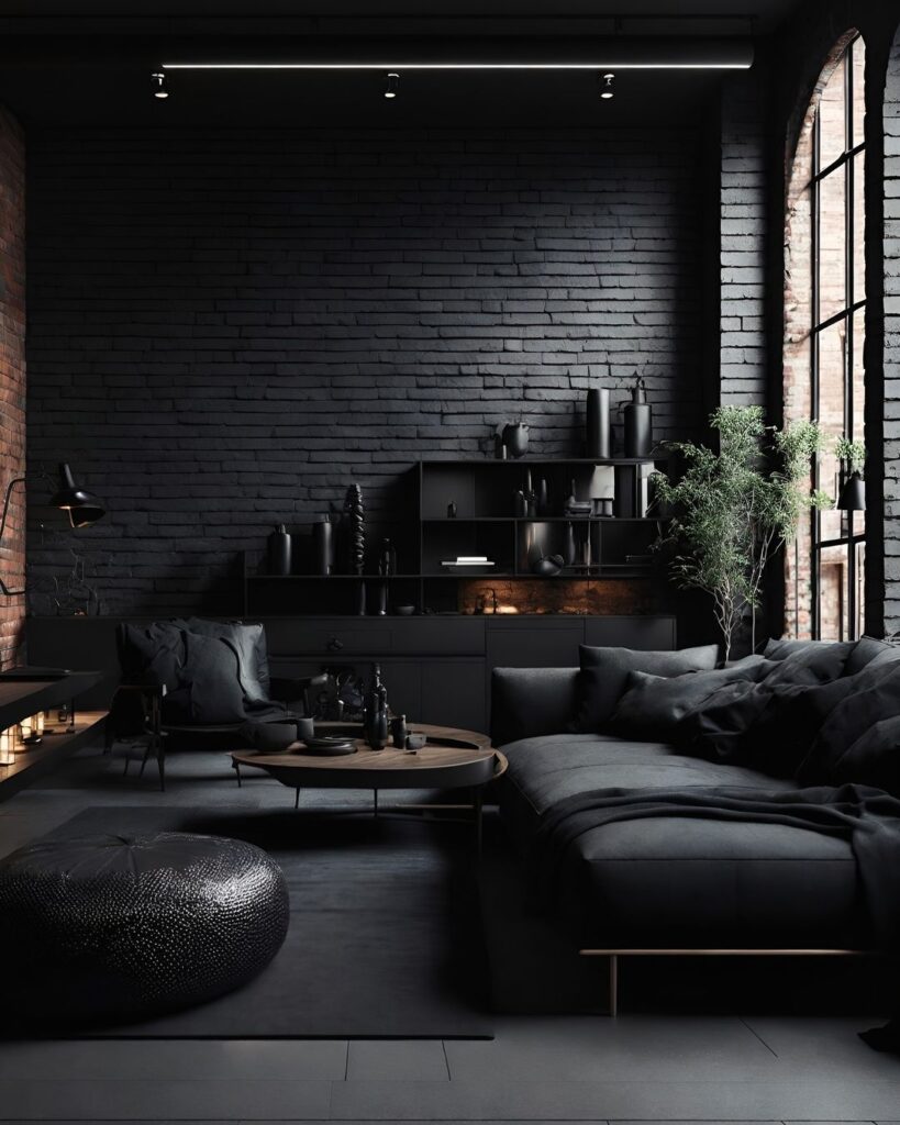 Dark living room with black furniture and brick walls