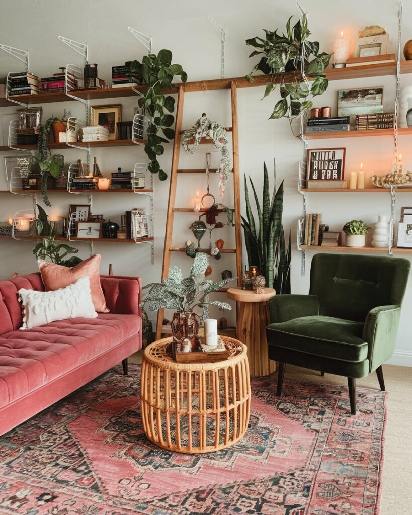 Bohemian living room with bookshelves and Christmas decor